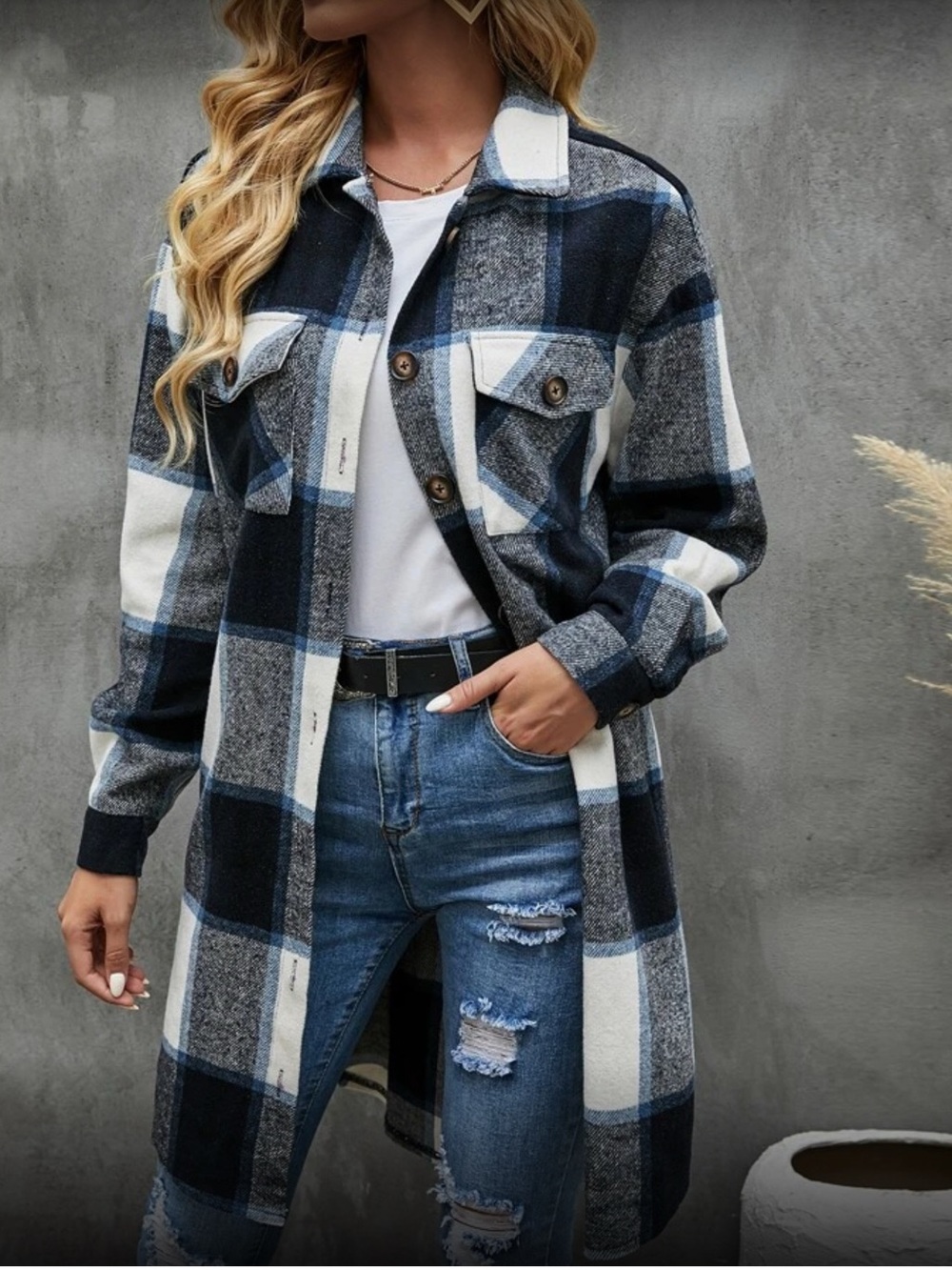 Navy & White Plaid Long Shacket Jacket